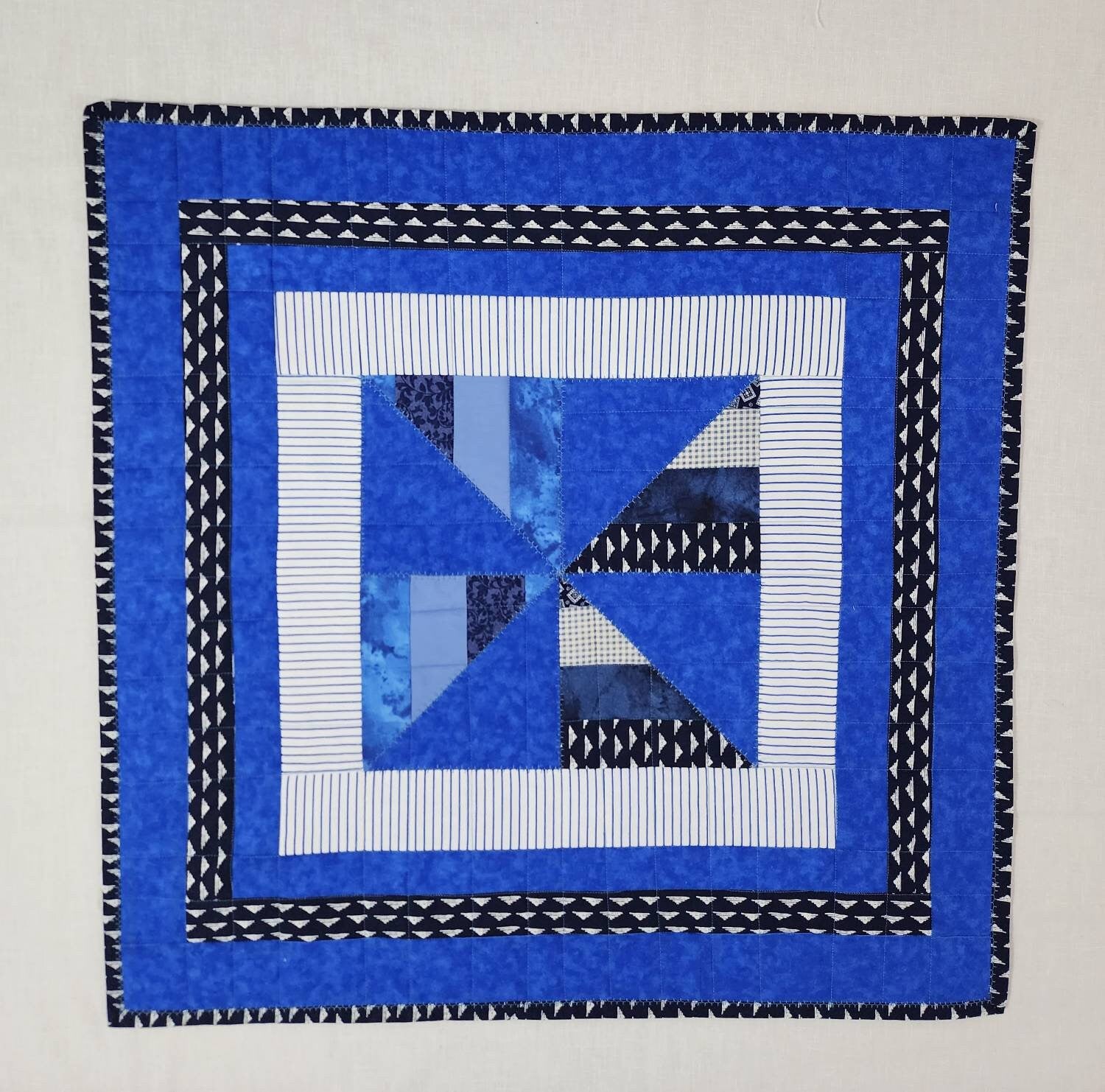 Blue & White Patchwork Table Topper – 26" Square - Farmhouse, Cottage