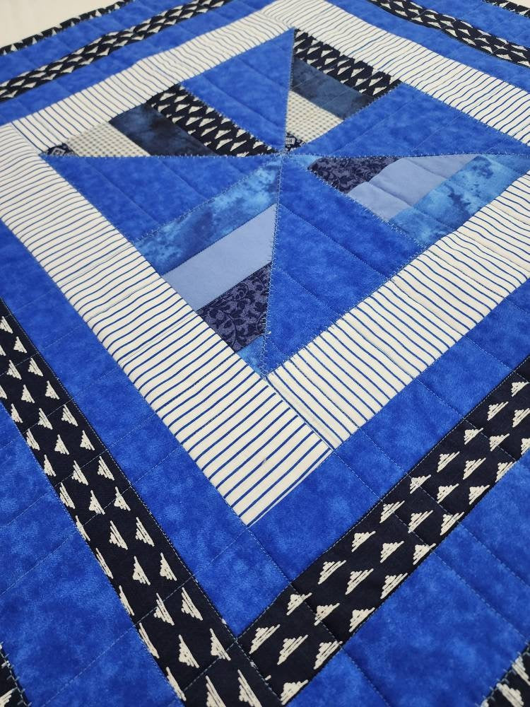 Blue & White Patchwork Table Topper – 26" Square - Farmhouse, Cottage