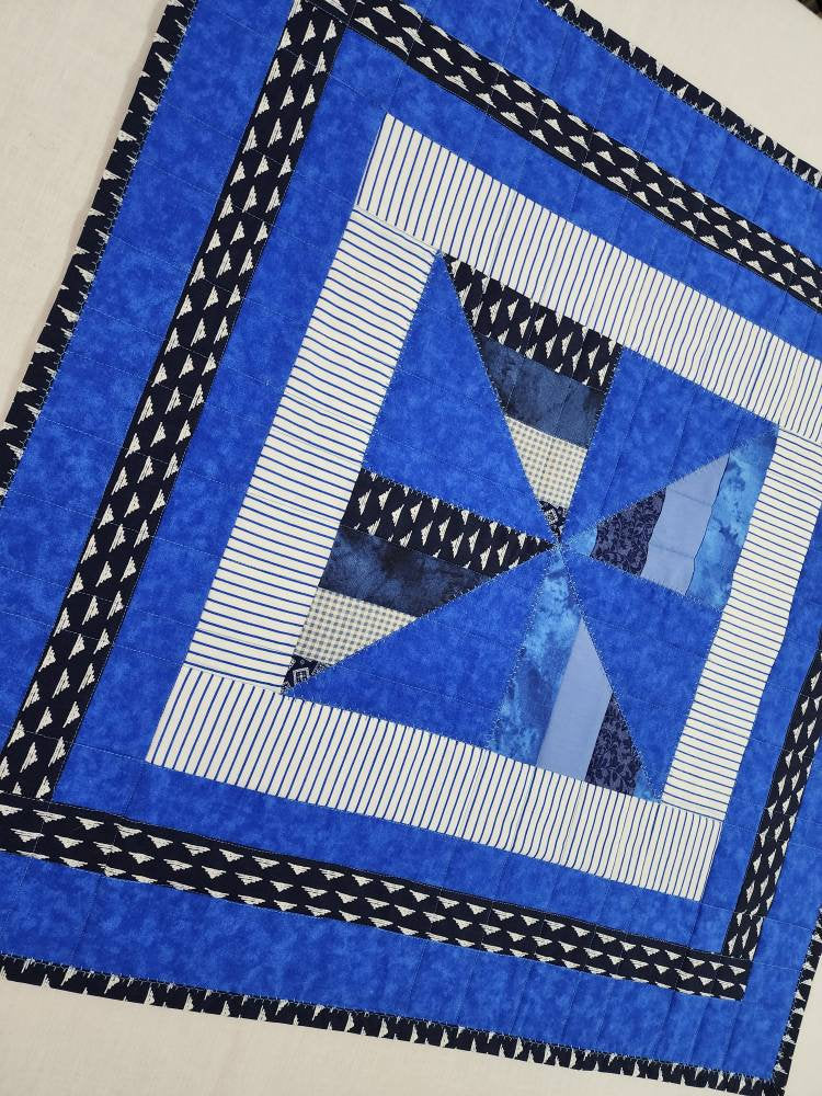 Blue & White Patchwork Table Topper – 26" Square - Farmhouse, Cottage