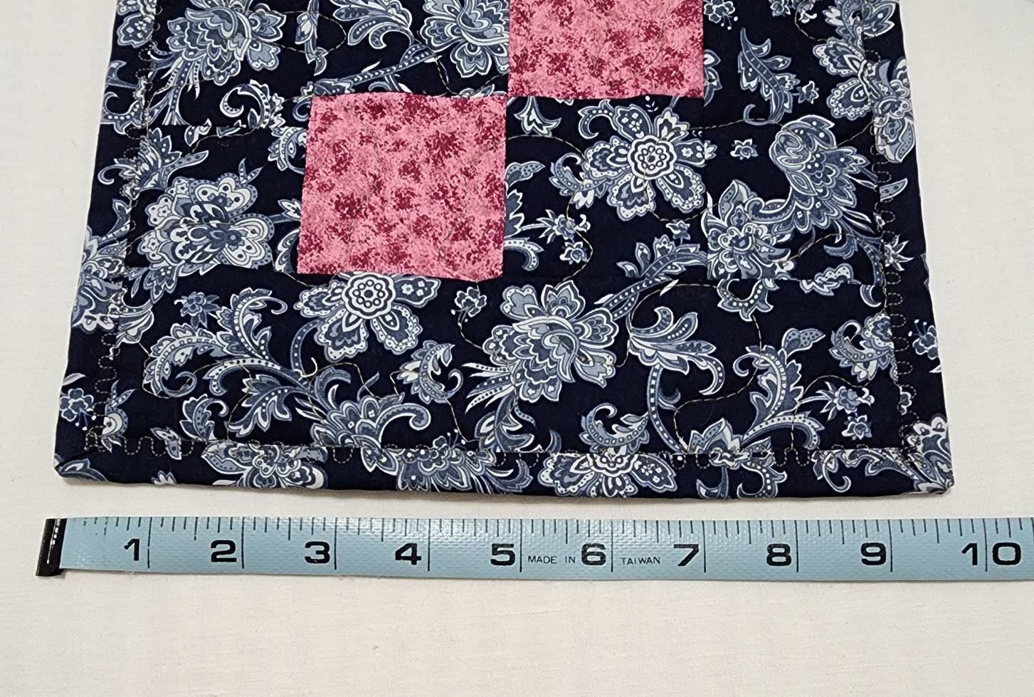 Handmade Blue Floral Quilted Table Runner, Reversible Cotton Patchwork, 10x48