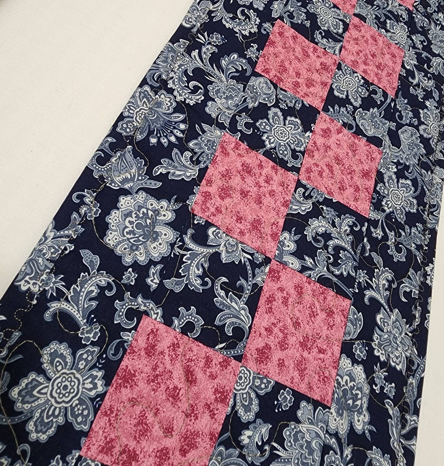 Handmade Blue Floral Quilted Table Runner, Reversible Cotton Patchwork, 10x48