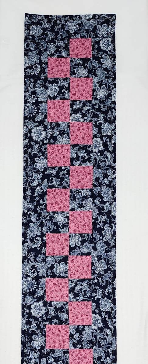 Handmade Blue Floral Quilted Table Runner, Reversible Cotton Patchwork, 10x48