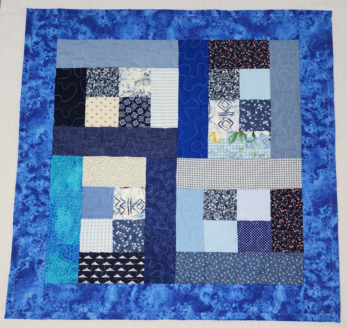 Blue & White Patchwork Table Topper – 23.5" Square – Quilted Cotton Table Quilt