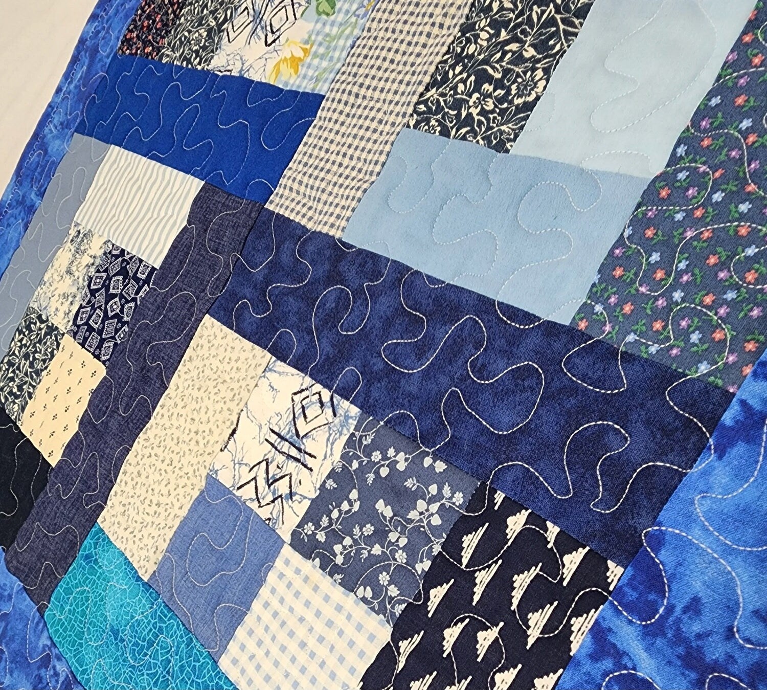 Blue & White Patchwork Table Topper – 23.5" Square – Quilted Cotton Table Quilt