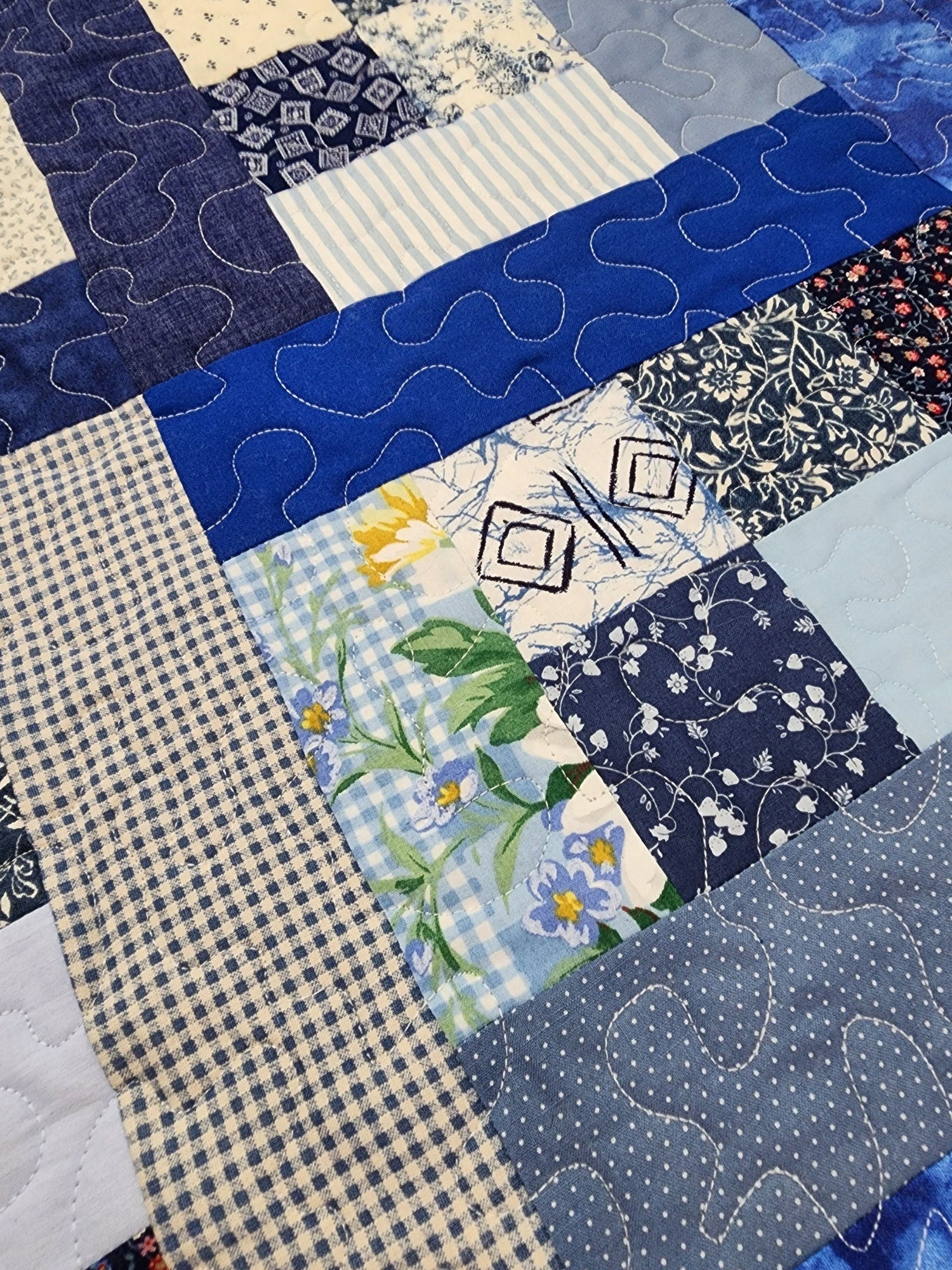 Blue & White Patchwork Table Topper – 23.5" Square – Quilted Cotton Table Quilt