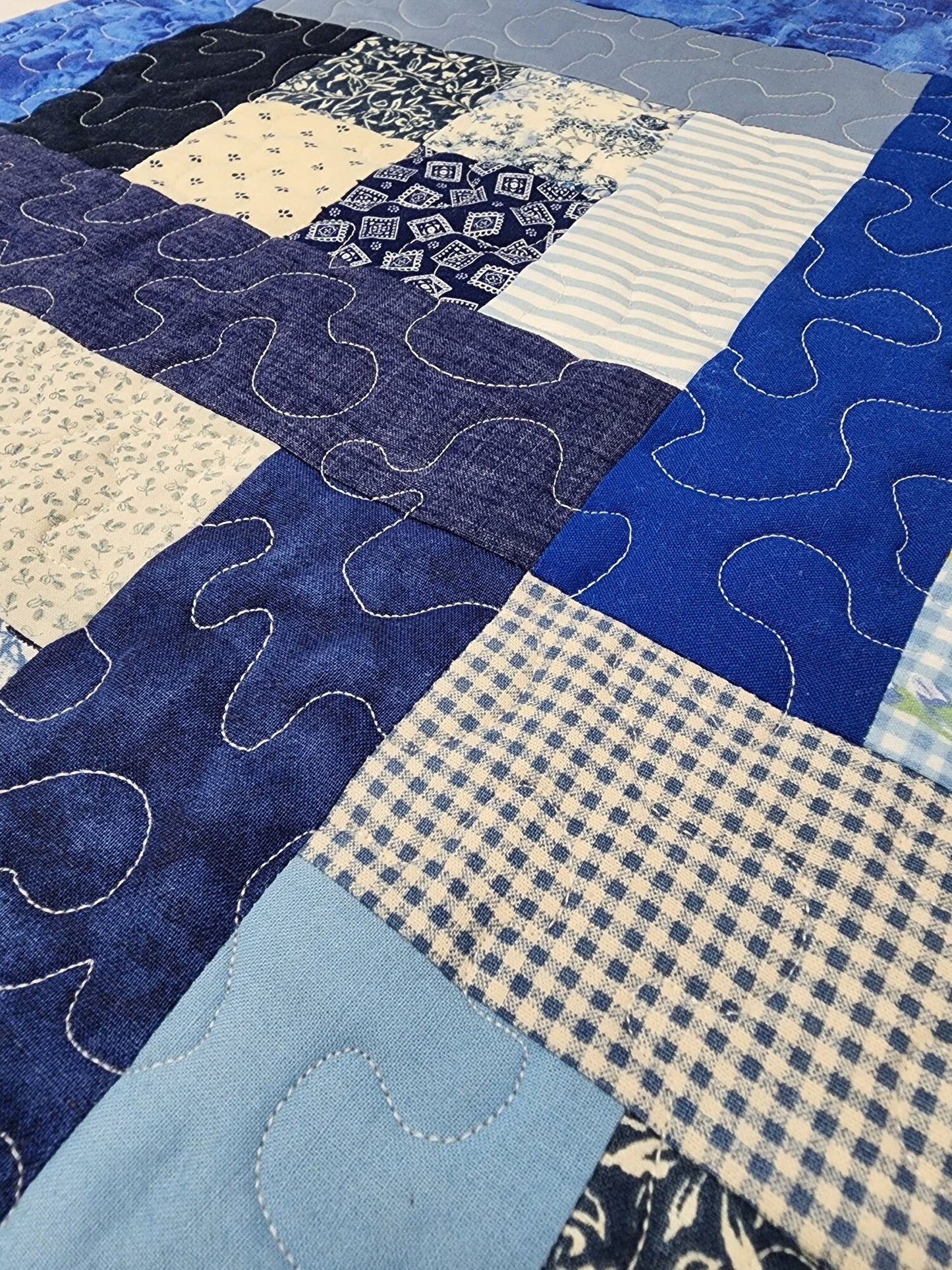 Blue & White Patchwork Table Topper – 23.5" Square – Quilted Cotton Table Quilt