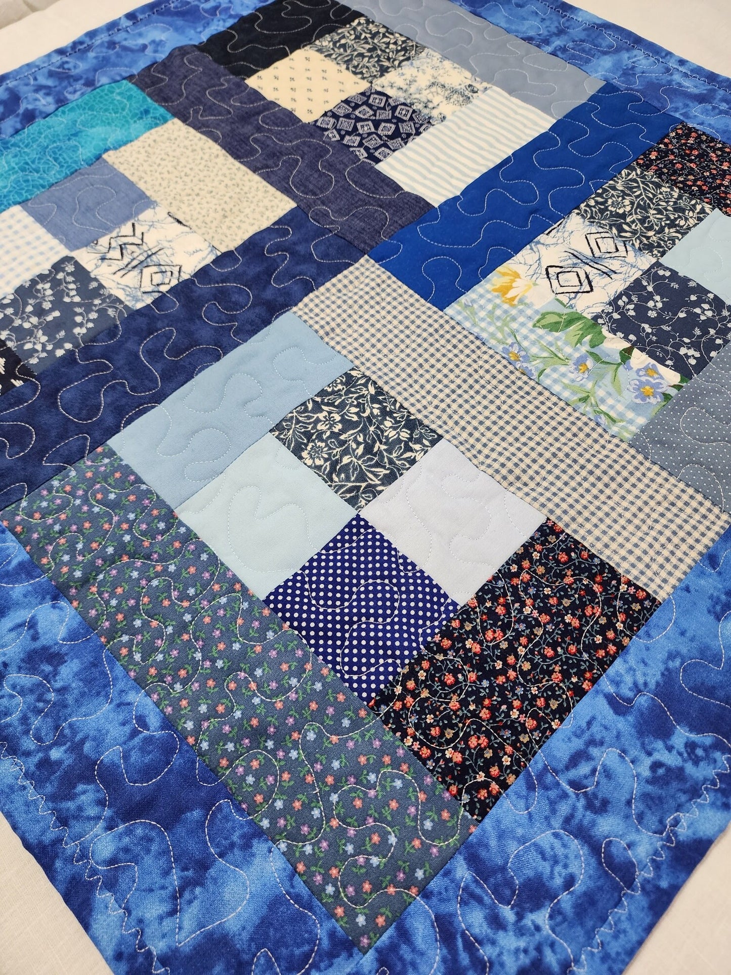 Blue & White Patchwork Table Topper – 23.5" Square – Quilted Cotton Table Quilt