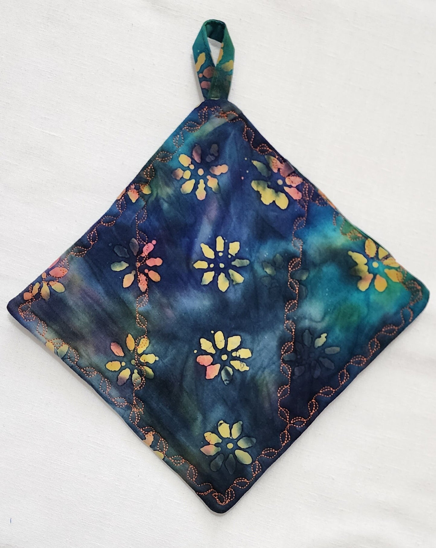 Handmade Batik Quilted Potholder – Blue, Green & Yellow Floral Cotton Pot Holder