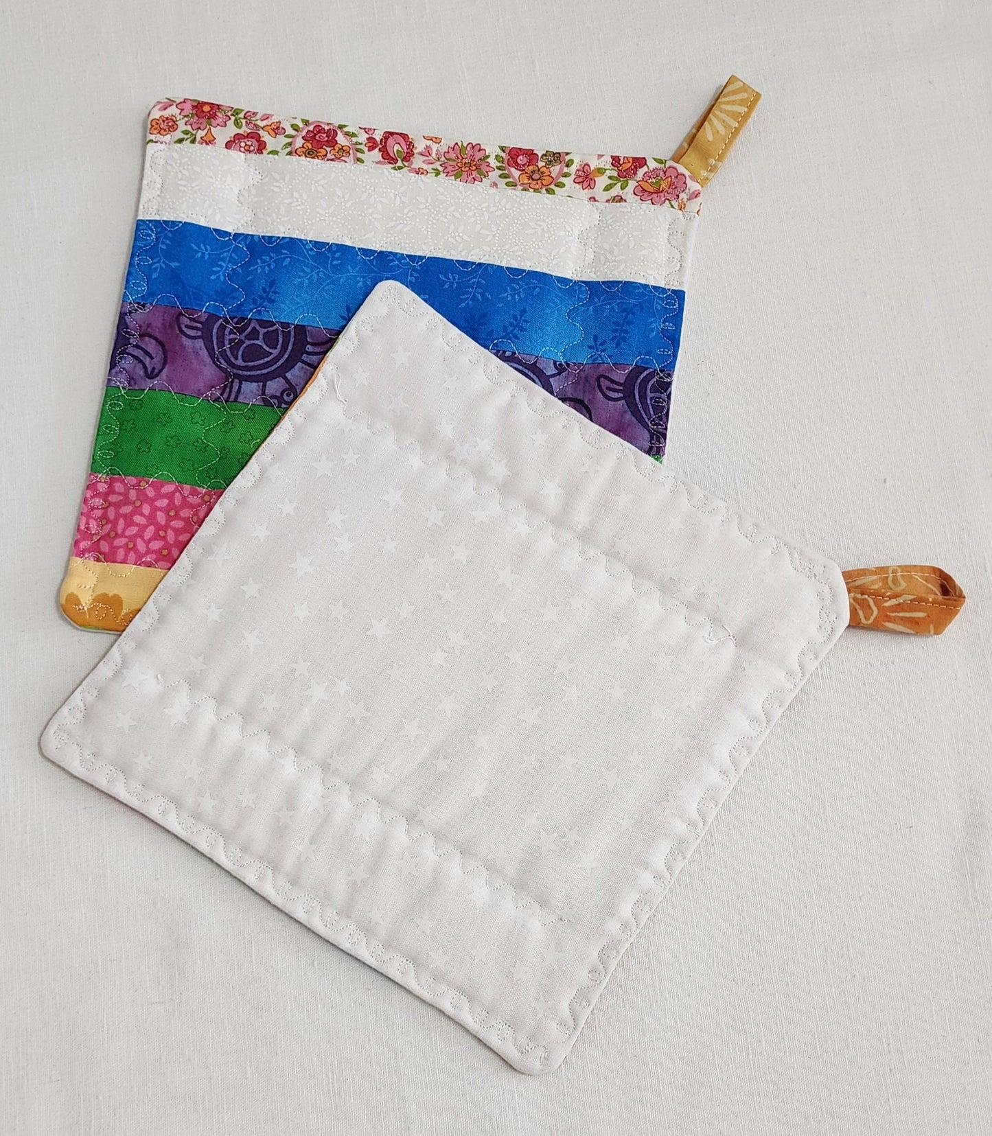 Handmade Quilted Patchwork Potholder – Multi-Color Strips – 8" Square Hot Pad or Trivet