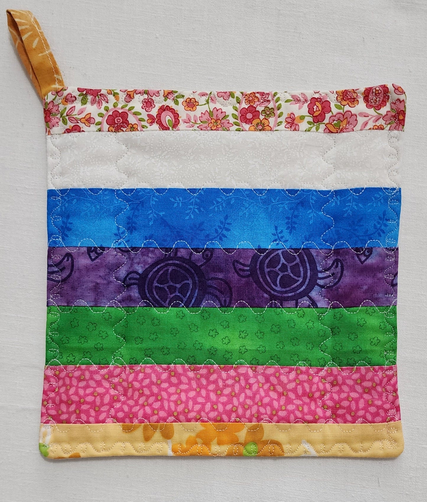 Handmade Quilted Patchwork Potholder – Multi-Color Strips – 8" Square Hot Pad or Trivet