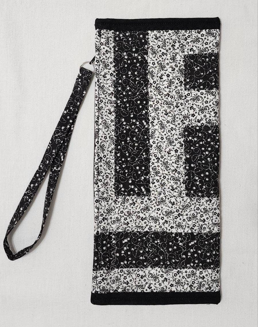 Patchwork Quilted Clutch: Black & White Travel Purse with Hand Strap