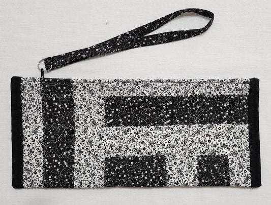 Patchwork Quilted Clutch: Black & White Travel Purse with Hand Strap