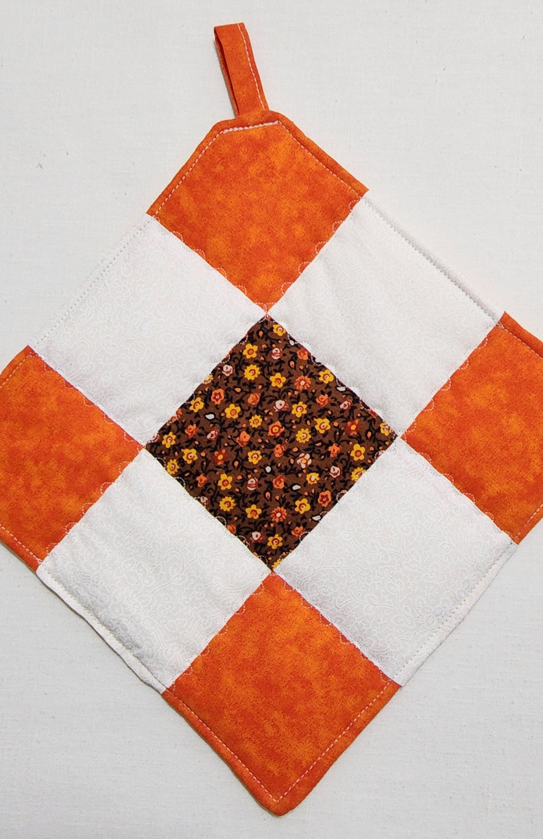 Handmade Nine Patch Quilted Potholder – Orange, Brown & White Trivet or Hot Pad