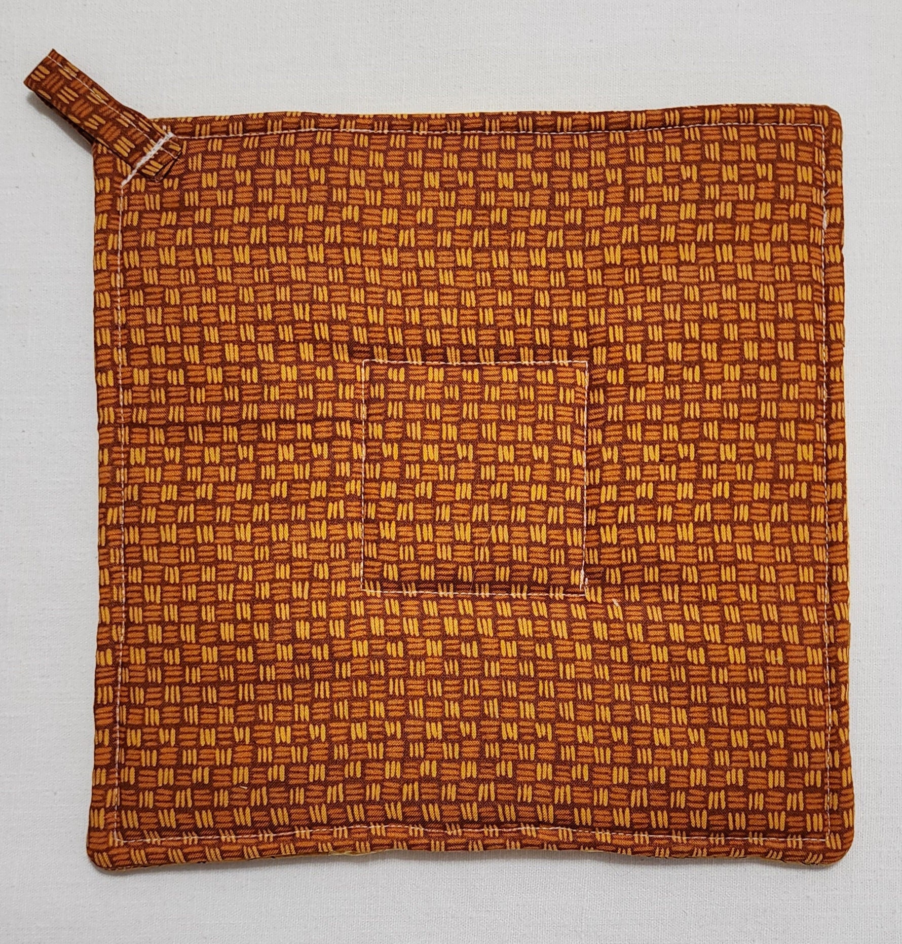 Handmade Nine Patch Quilted Potholder – Yellow & Tan Primitive Print – Trivet
