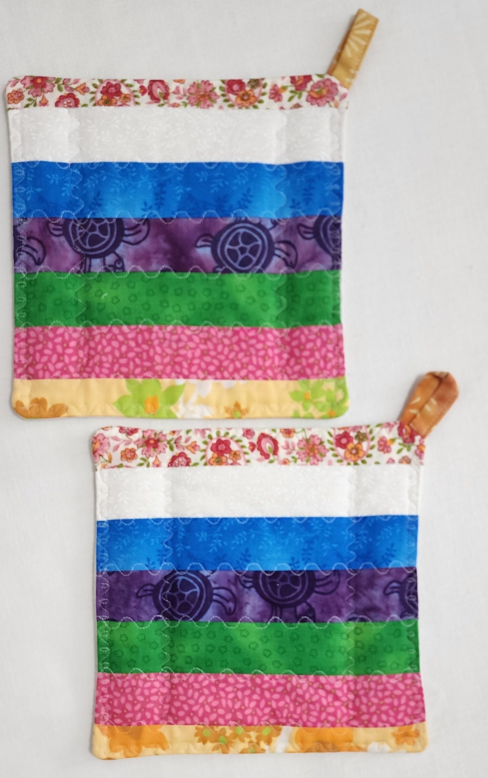 Handmade Quilted Patchwork Potholder – Multi-Color Strips – 8" Square Hot Pad or Trivet
