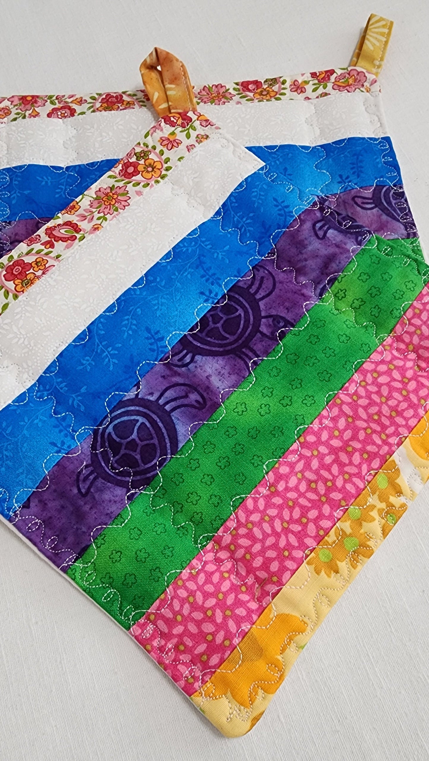 Handmade Quilted Patchwork Potholder – Multi-Color Strips – 8" Square Hot Pad or Trivet