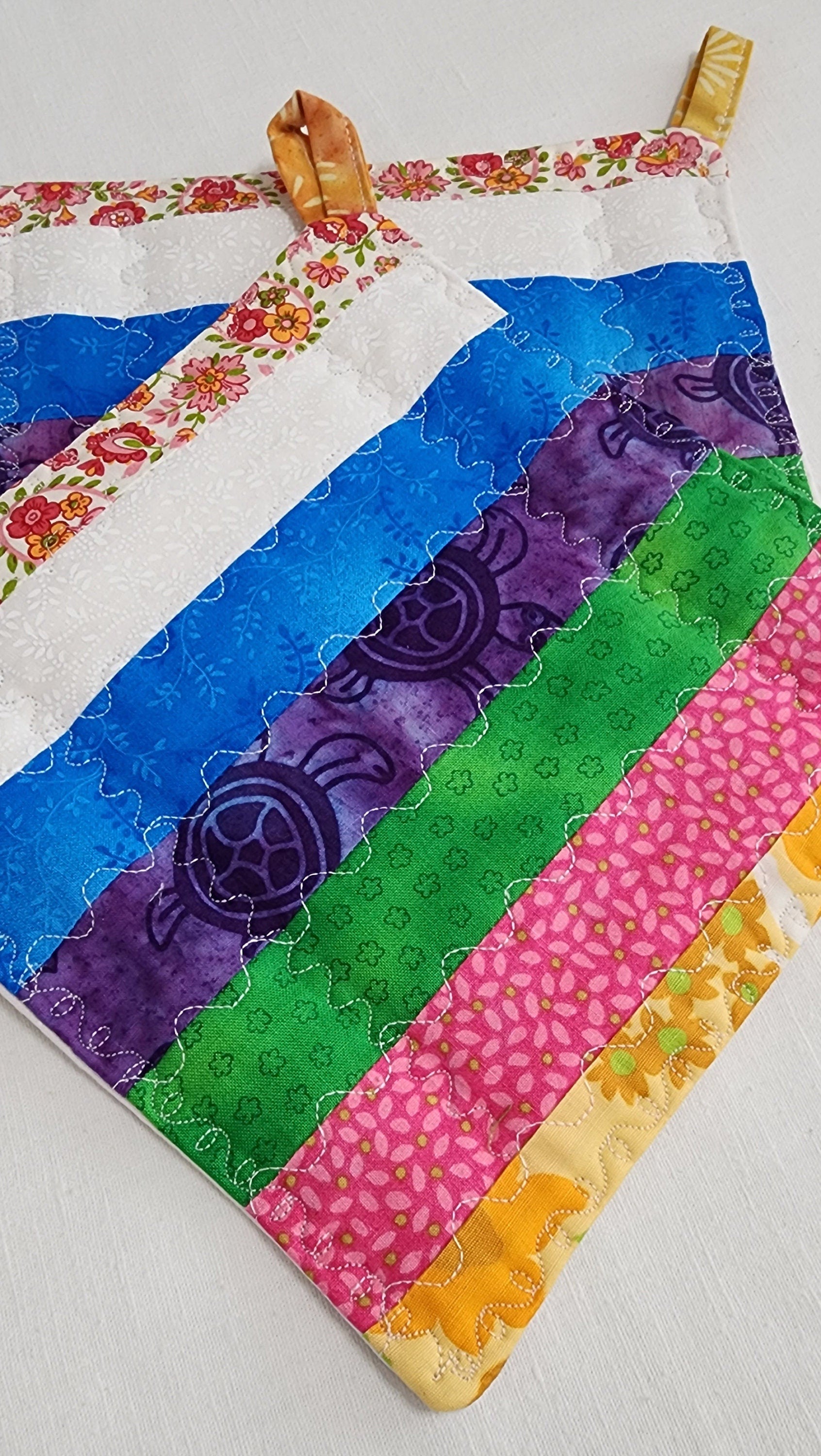Handmade Quilted Patchwork Potholder – Multi-Color Strips – 8" Square Hot Pad or Trivet
