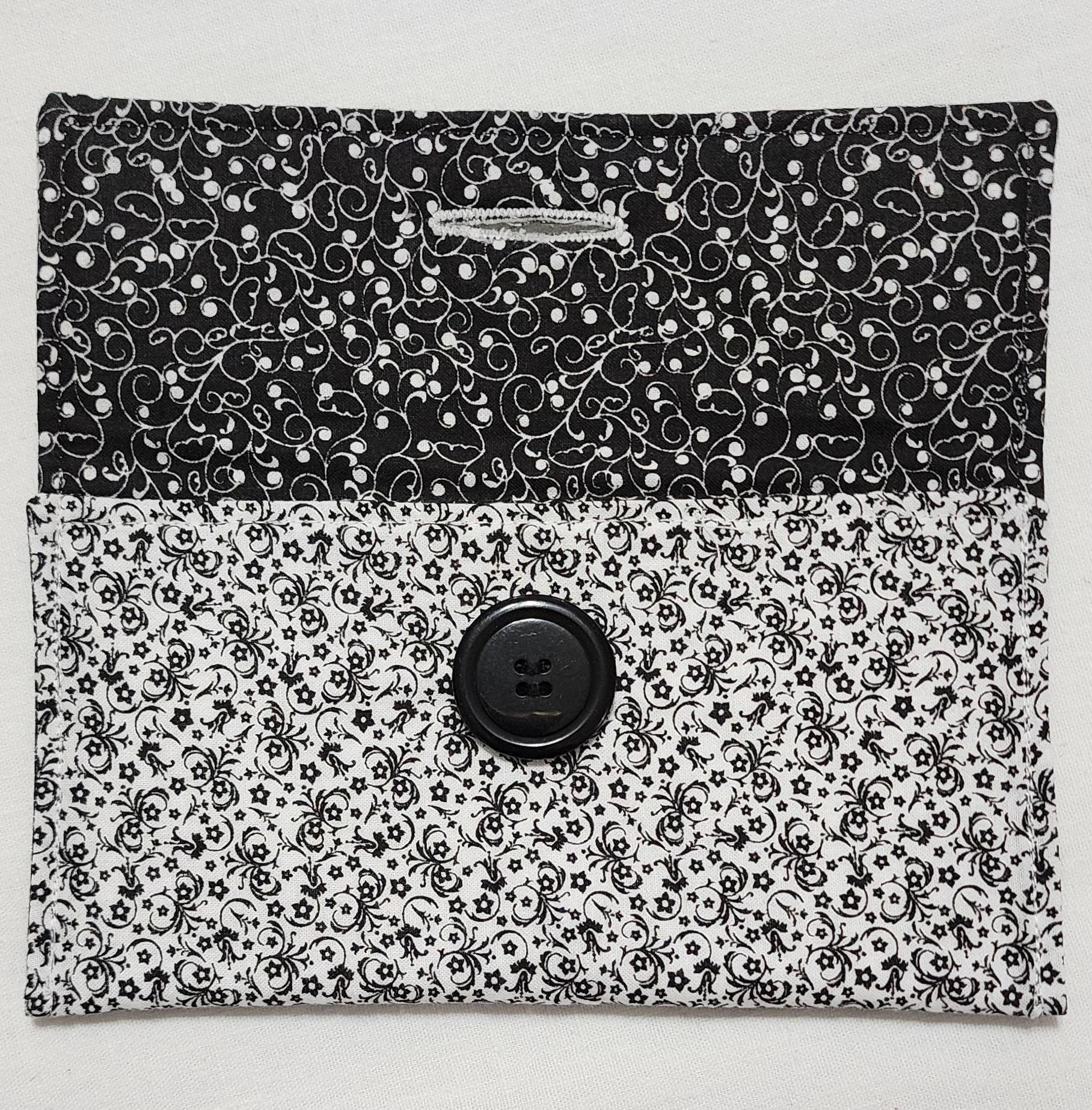 Soft Quilted Fabric Case – Black & White Scroll Print – Multi-Purpose Eyewear Pouch with Button Closure