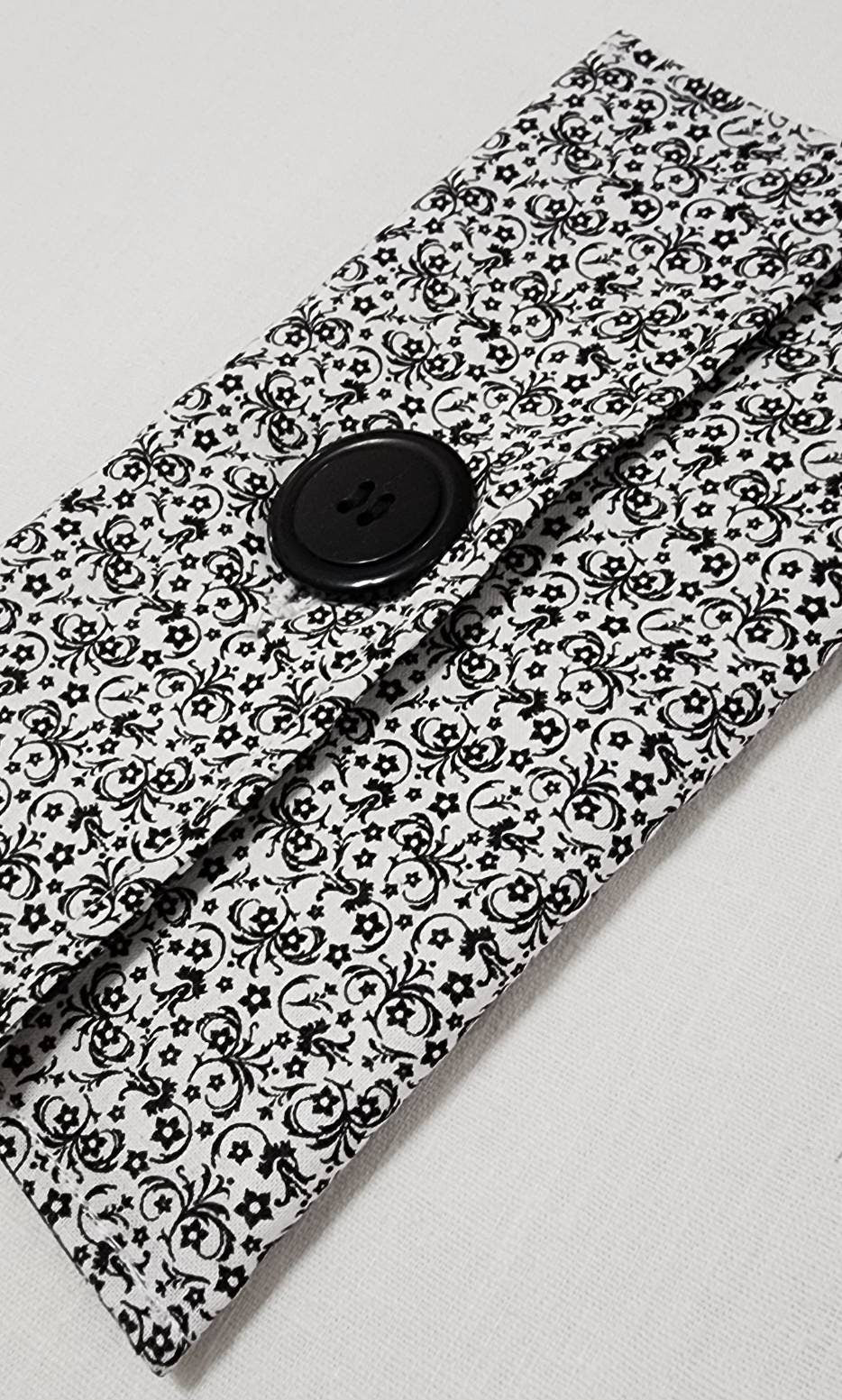 Soft Quilted Fabric Case – Black & White Scroll Print – Multi-Purpose Eyewear Pouch with Button Closure