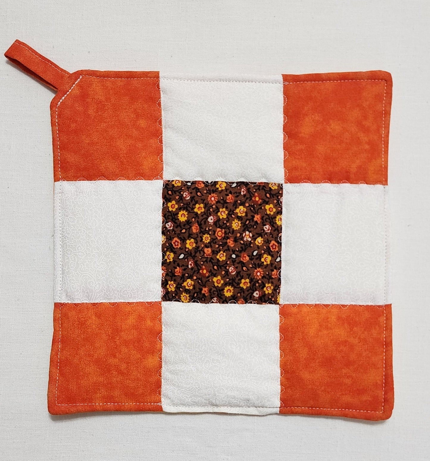 Handmade Nine Patch Quilted Potholder – Orange, Brown & White Trivet or Hot Pad