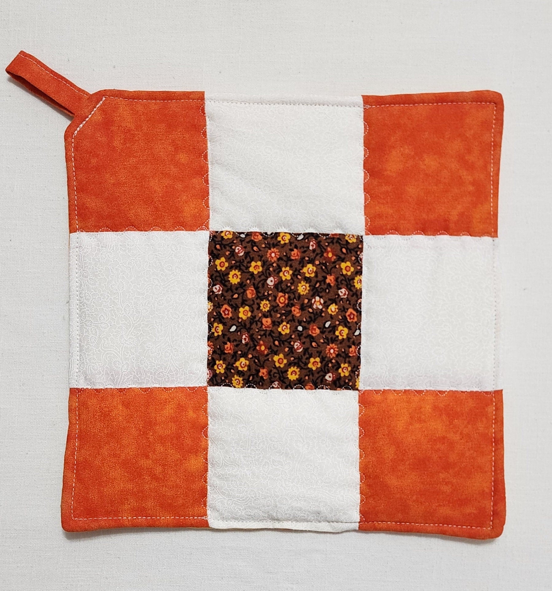Handmade Nine Patch Quilted Potholder – Orange, Brown & White Trivet or Hot Pad