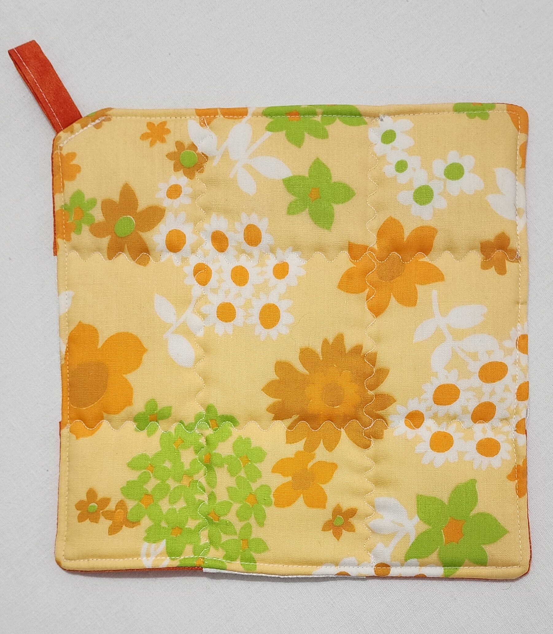 Handmade Nine Patch Quilted Potholder – Orange, Brown & White Trivet or Hot Pad