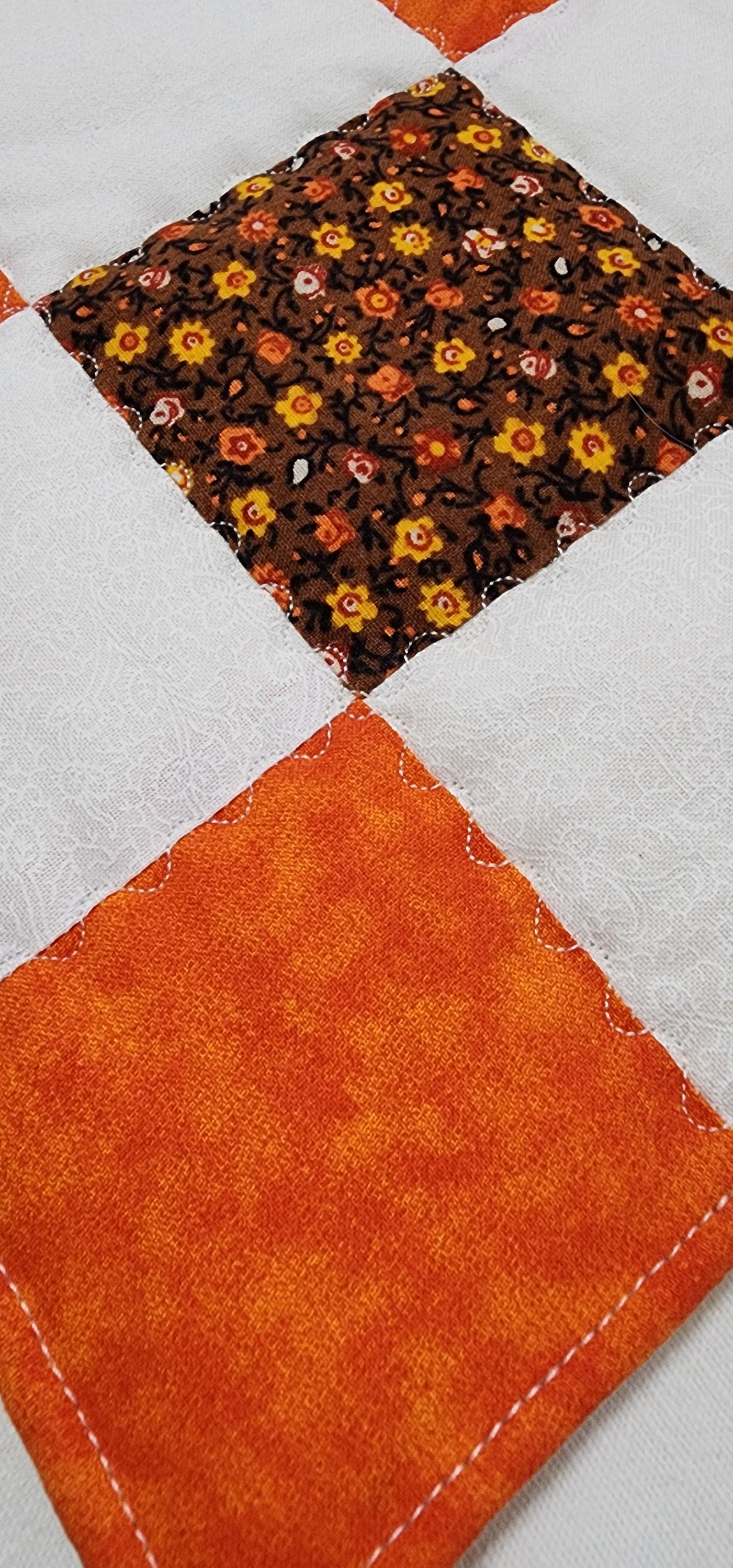 Handmade Nine Patch Quilted Potholder – Orange, Brown & White Trivet or Hot Pad