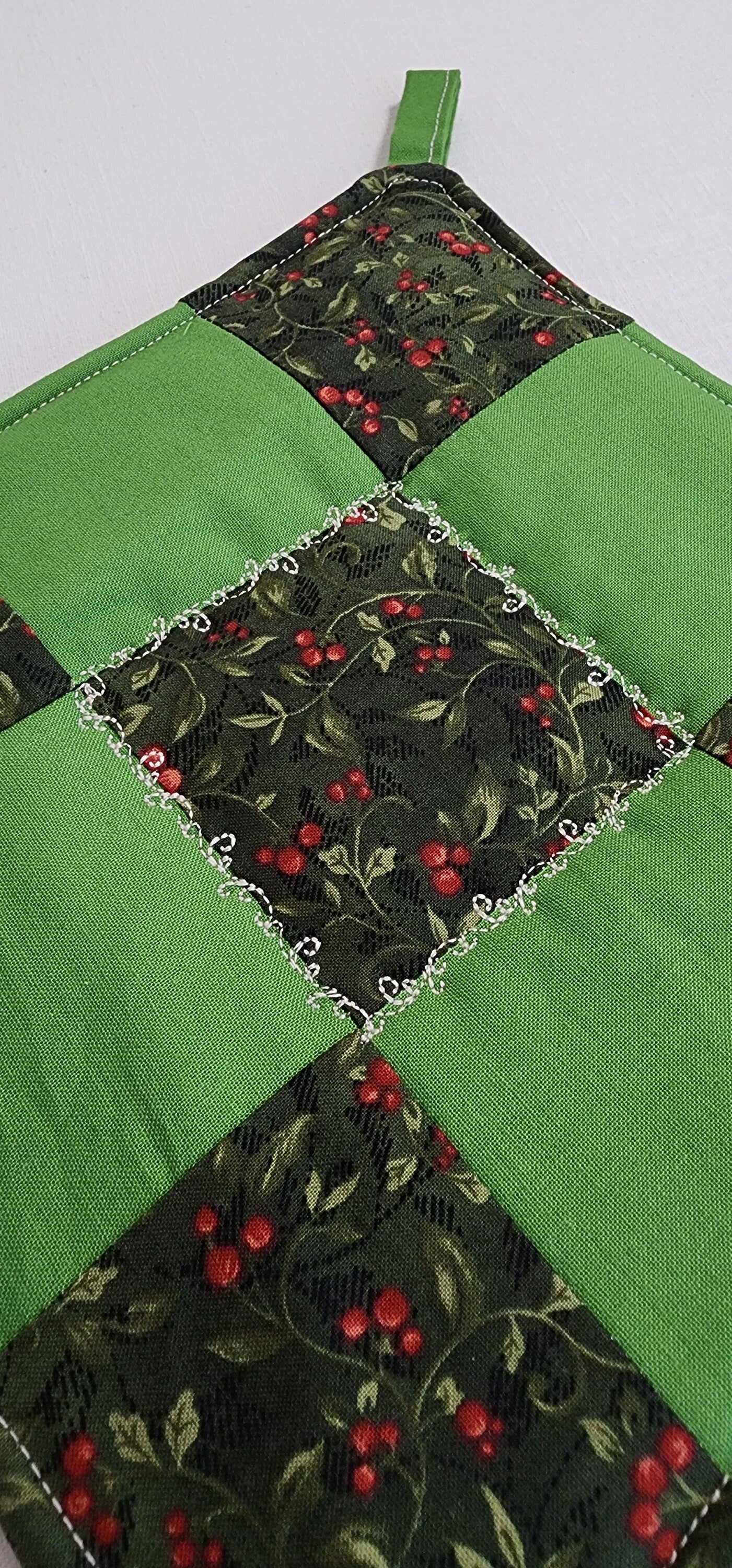 Handmade Nine Patch Quilted Potholder – Holly Berry Hot Pad or Trivet