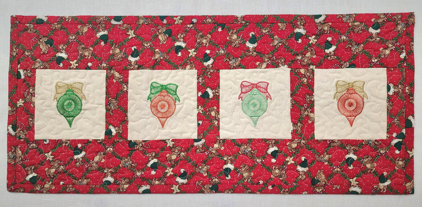 Quilted Christmas Table Runner – Embroidered Ornaments & Vintage Red Print – 29.5" x 13"
