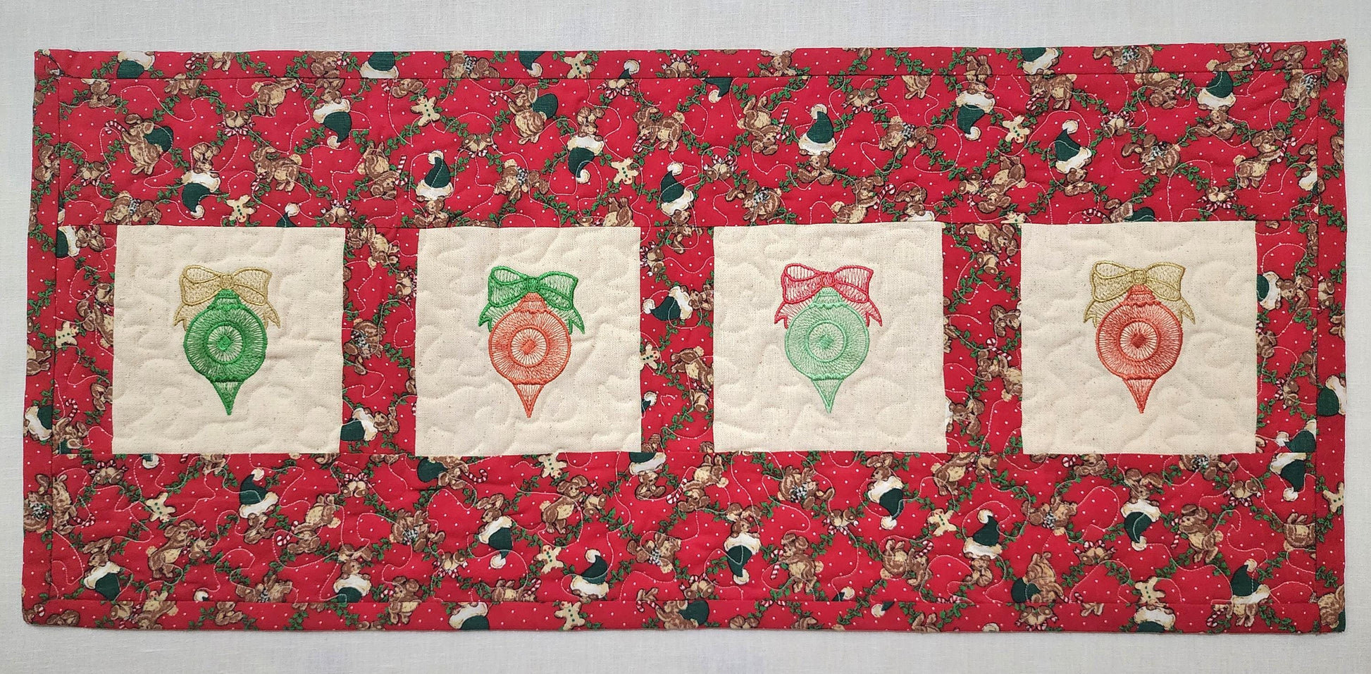 Quilted Christmas Table Runner – Embroidered Ornaments & Vintage Red Print – 29.5" x 13"