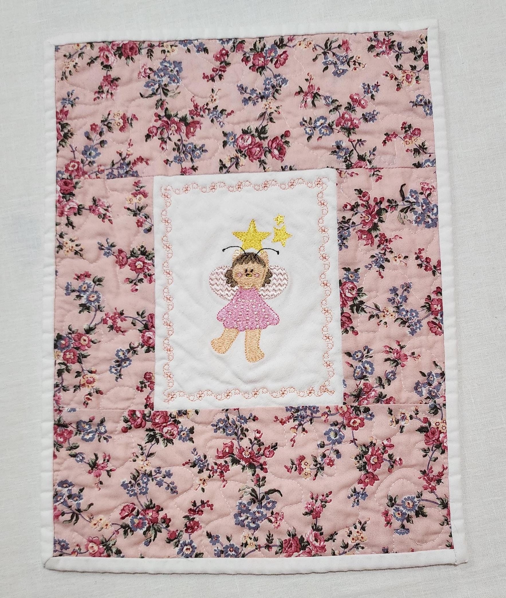 Handmade Mini Doll Quilt – 13.5" x 10" – Floral Patchwork with Embroidered Bear Fairy