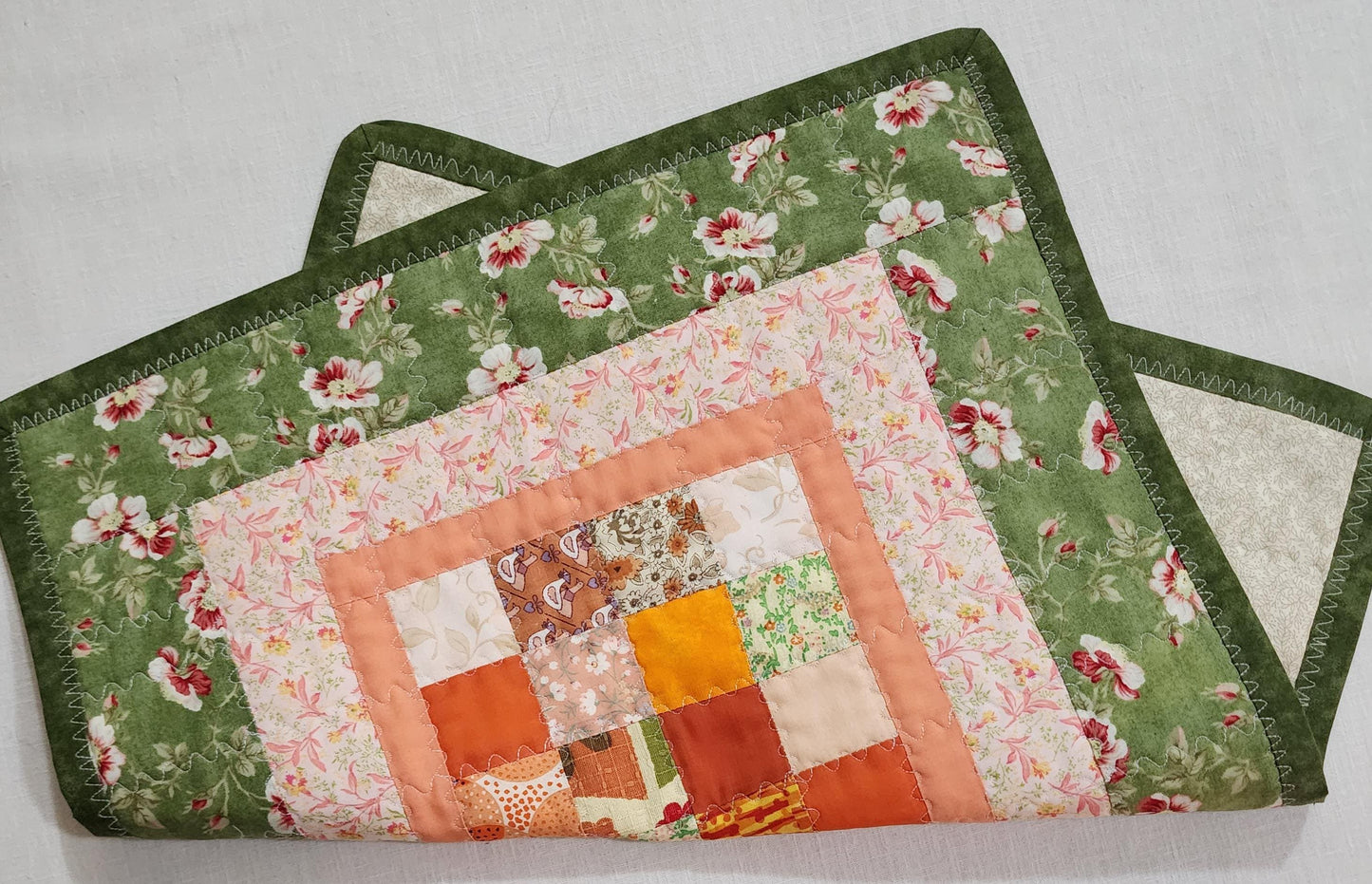 Handmade Quilted Table Topper Reversible Patchwork Floral and Gold Leaf 16" x 19"