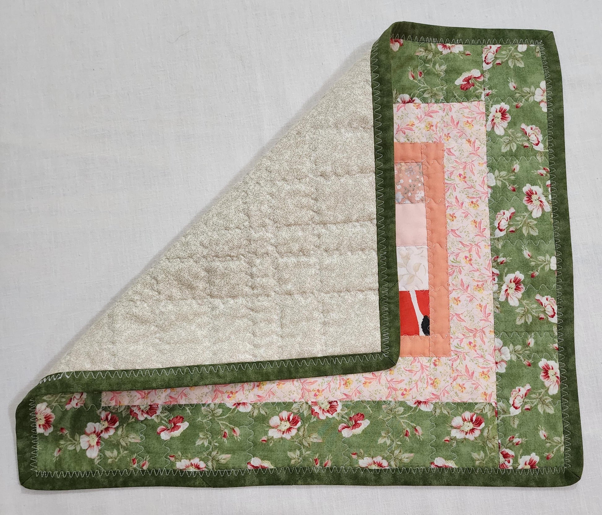 Handmade Quilted Table Topper Reversible Patchwork Floral and Gold Leaf 16" x 19"