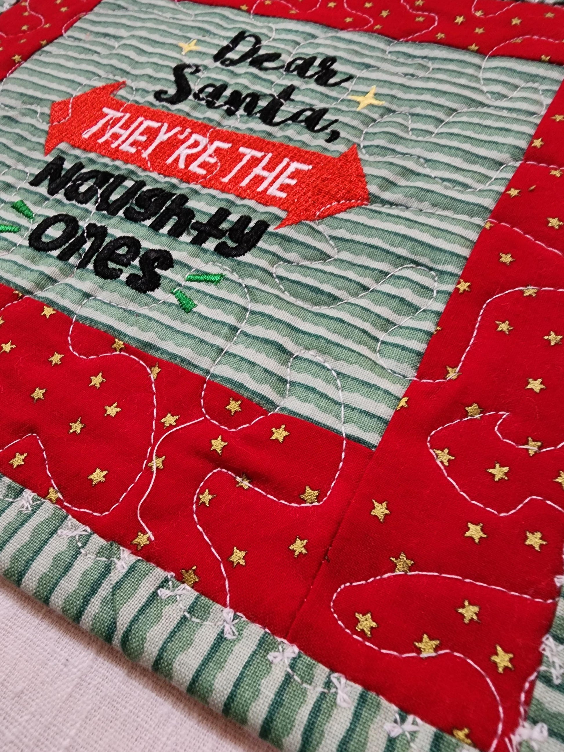 Holiday Mug Rug “Dear Santa, They’re the Naughty Ones” Quilted Coffee Mat