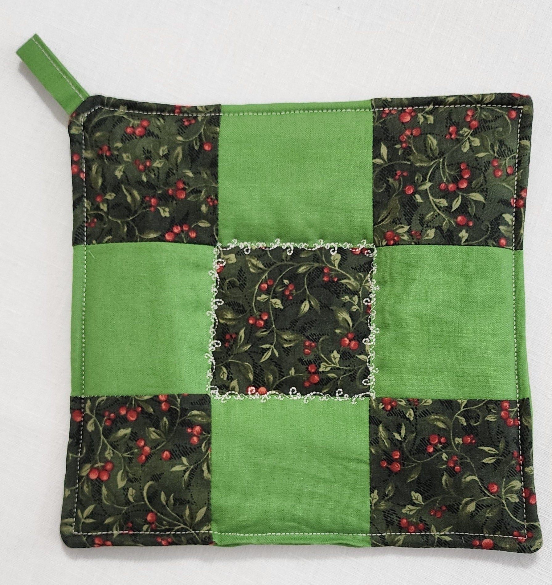 Handmade Nine Patch Quilted Potholder – Holly Berry Hot Pad or Trivet