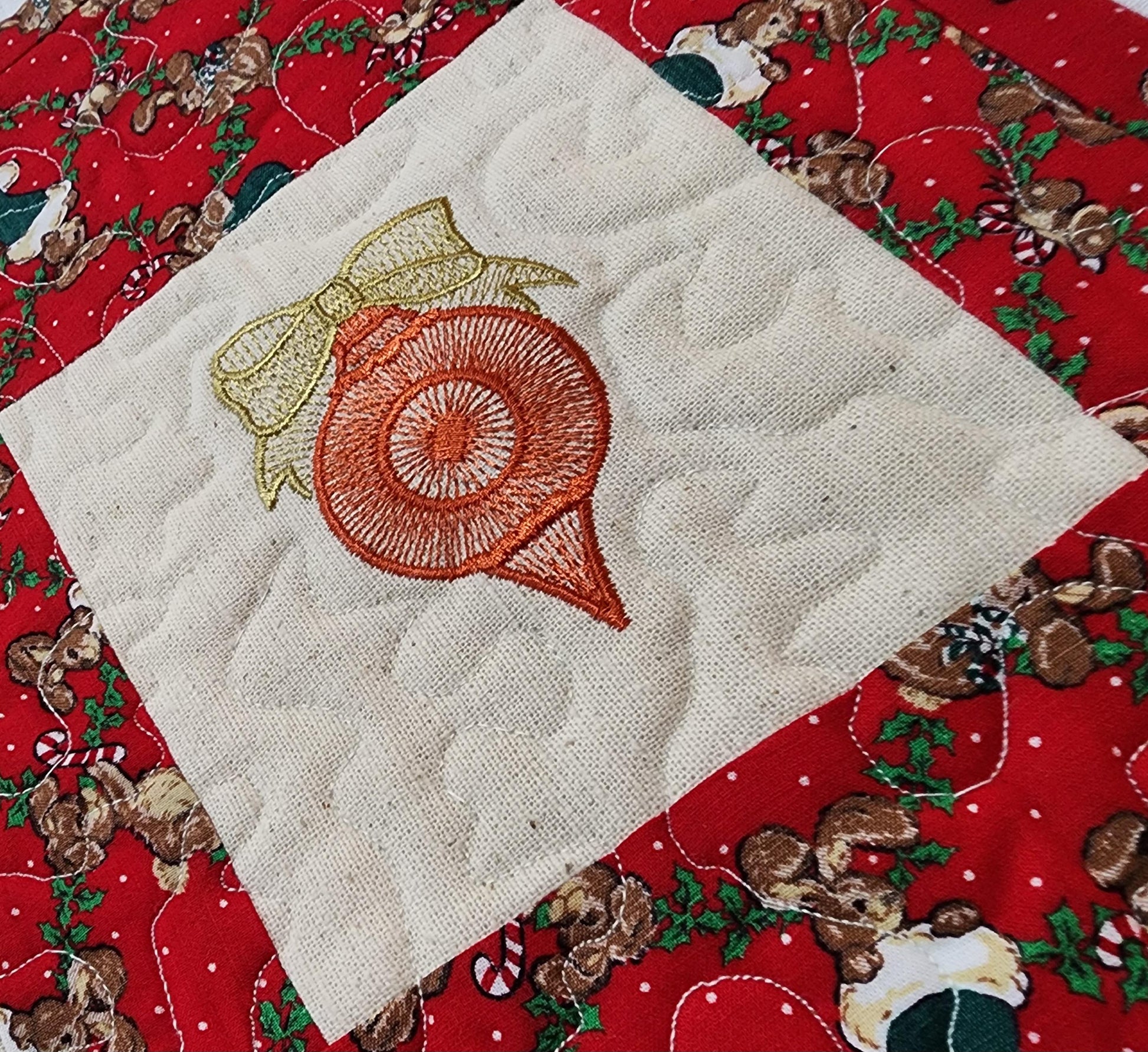 Quilted Christmas Table Runner – Embroidered Ornaments & Vintage Red Print – 29.5" x 13"