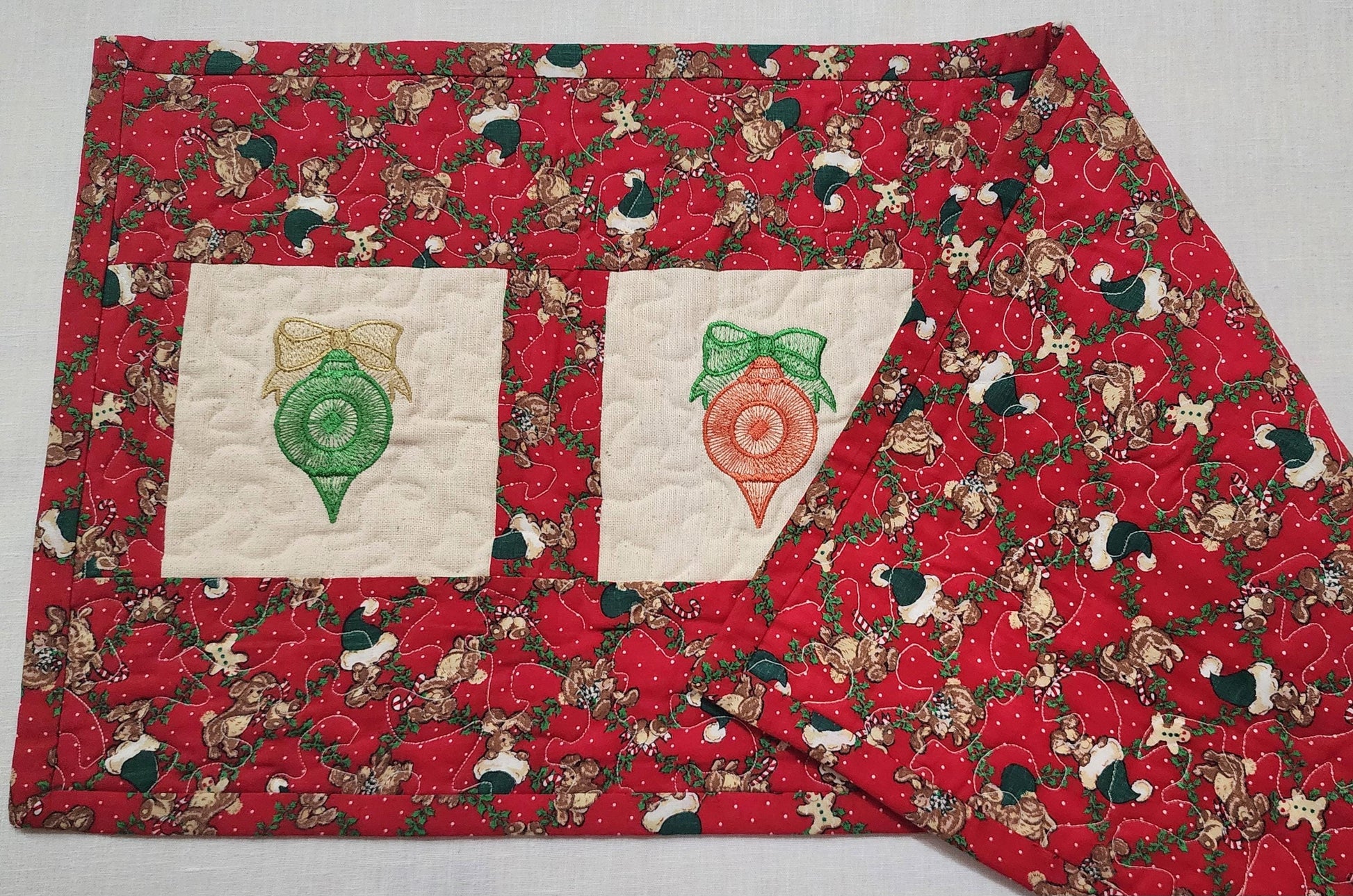 Quilted Christmas Table Runner – Embroidered Ornaments & Vintage Red Print – 29.5" x 13"