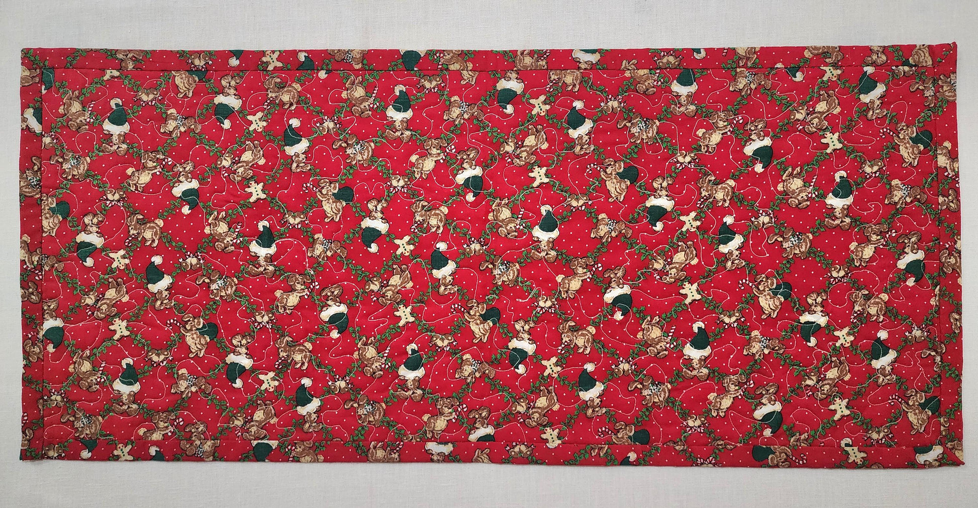Quilted Christmas Table Runner – Embroidered Ornaments & Vintage Red Print – 29.5" x 13"