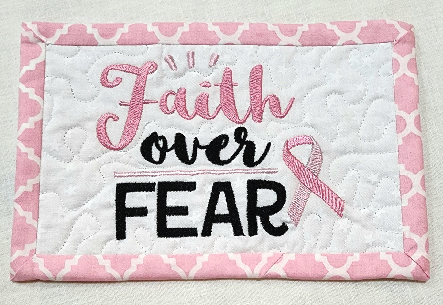 Faith Over Fear Quilted Mug Rug – Breast Cancer Gift Basket filler