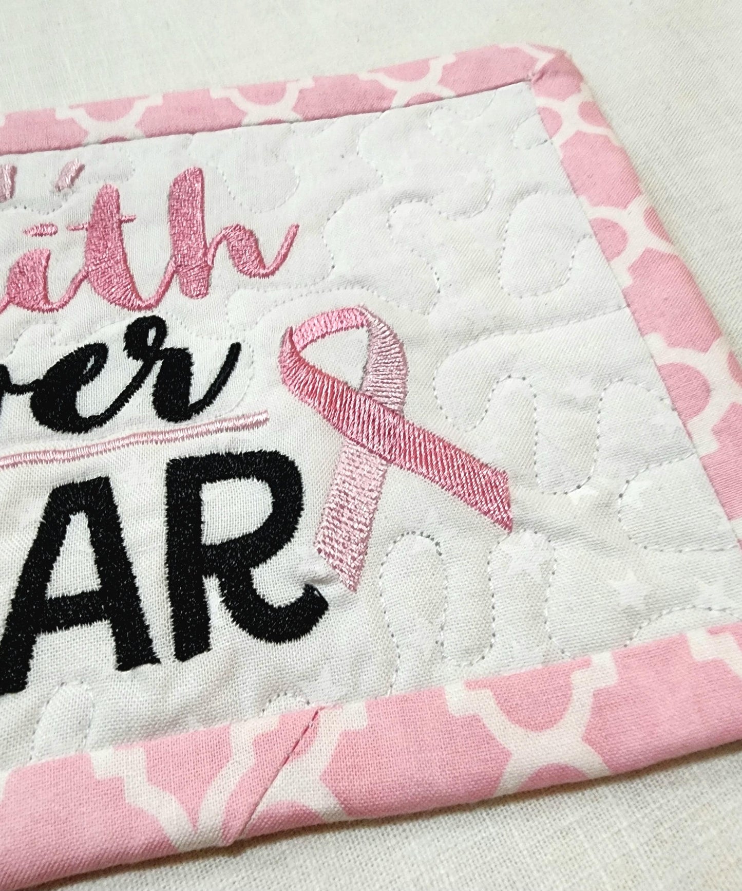 Faith Over Fear Quilted Mug Rug – Breast Cancer Gift Basket filler