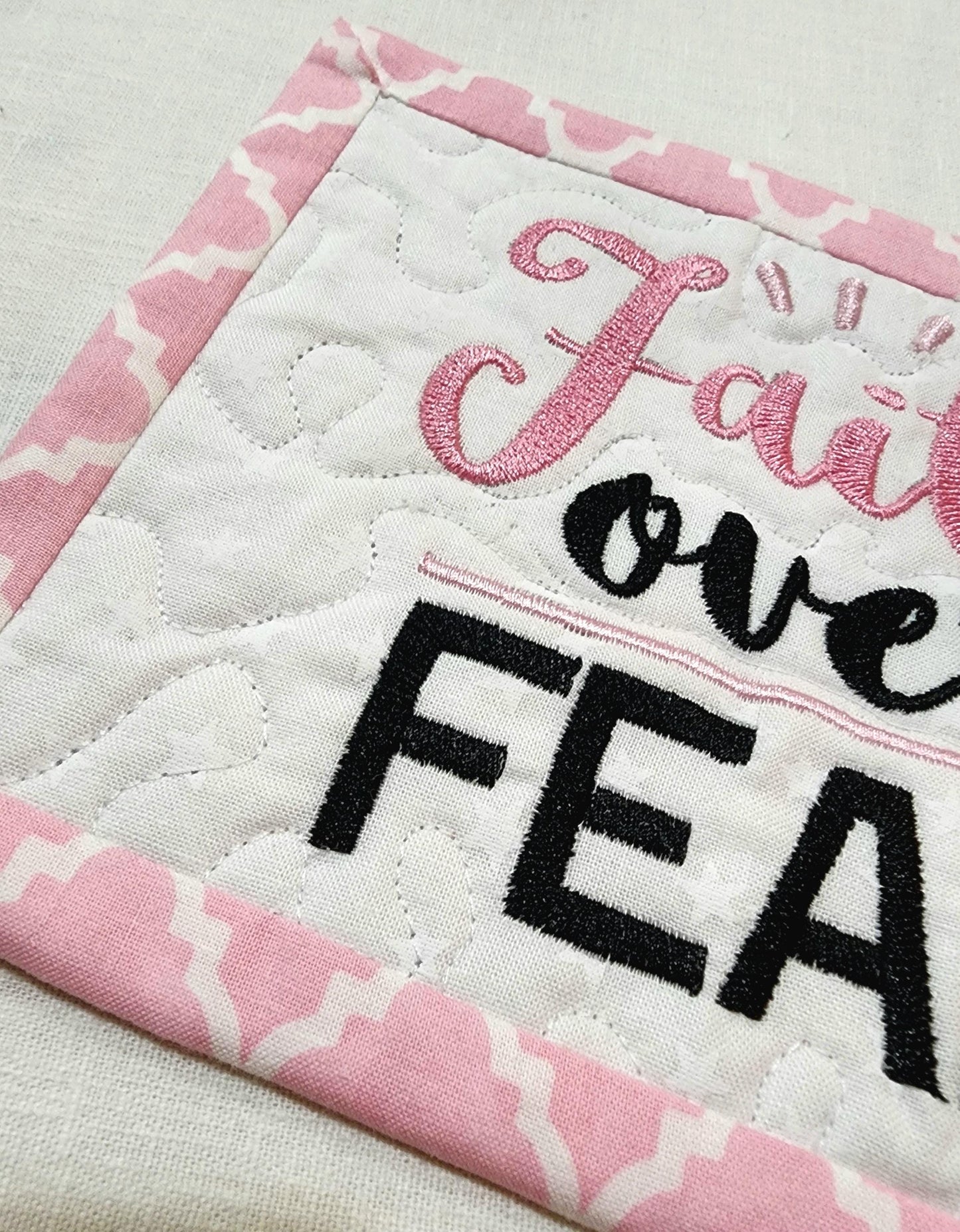 Faith Over Fear Quilted Mug Rug – Breast Cancer Gift Basket filler