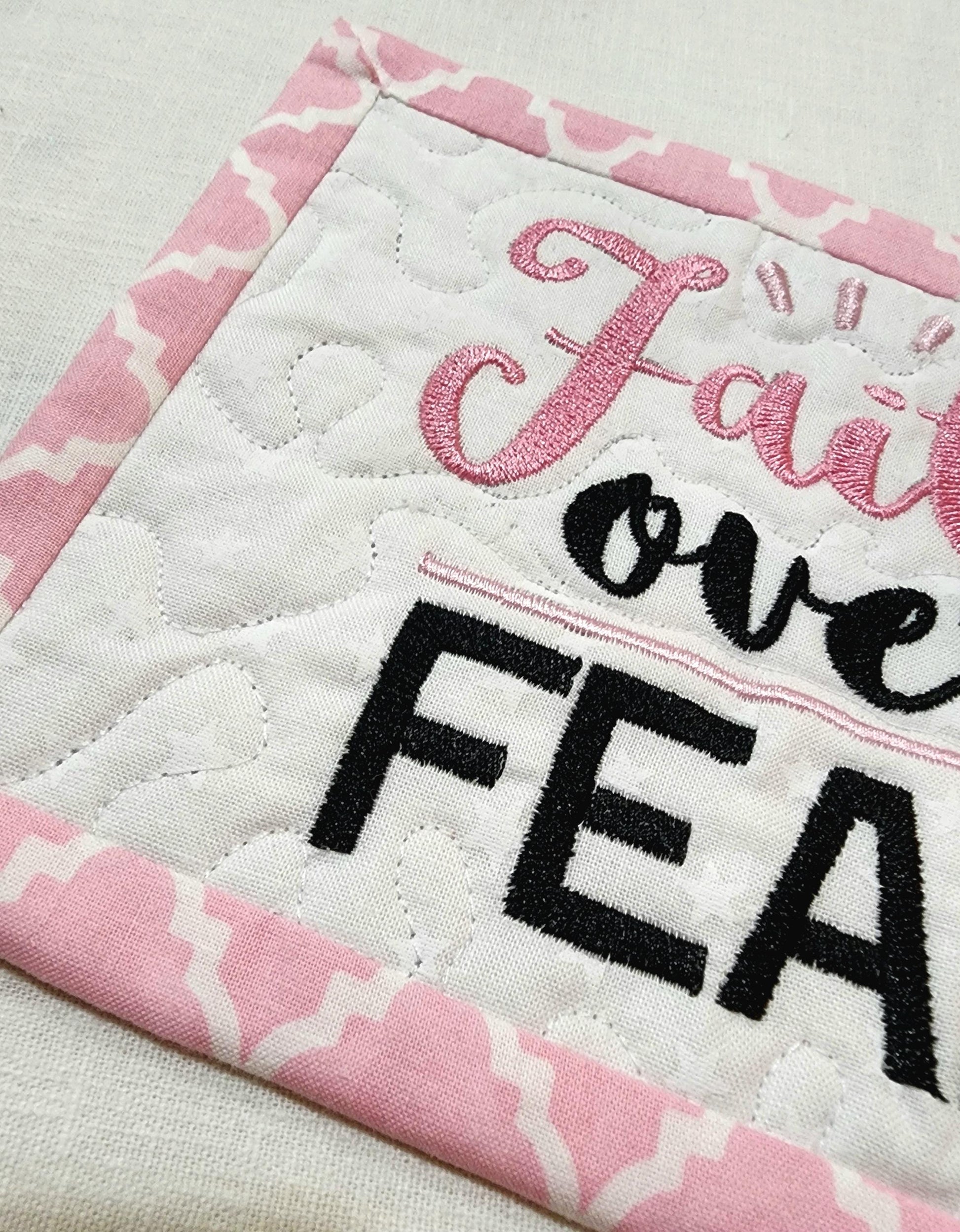 Faith Over Fear Quilted Mug Rug – Breast Cancer Gift Basket filler