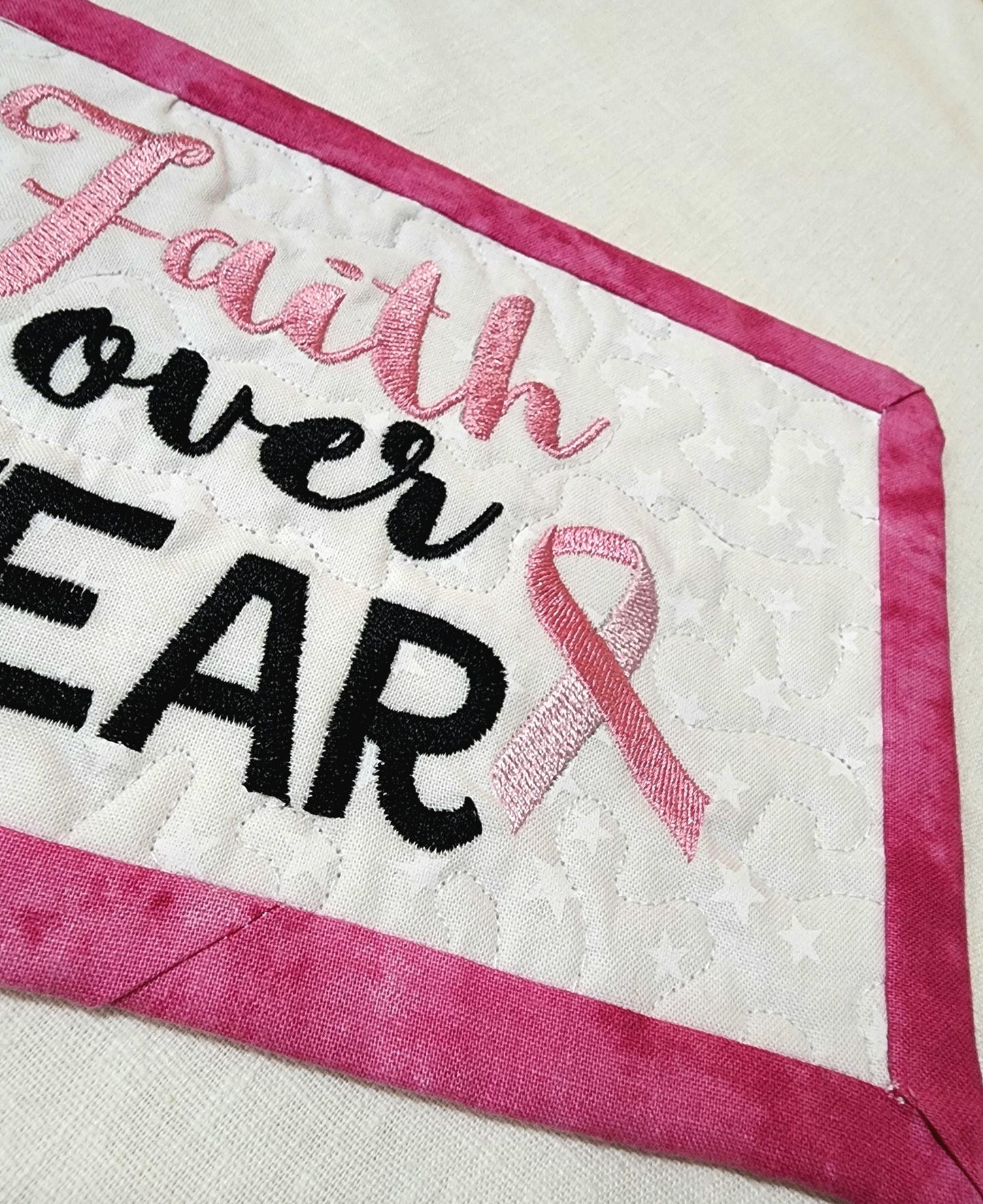 Faith Over Fear Quilted Mug Rug – Breast Cancer Awareness Gift Basket Filler