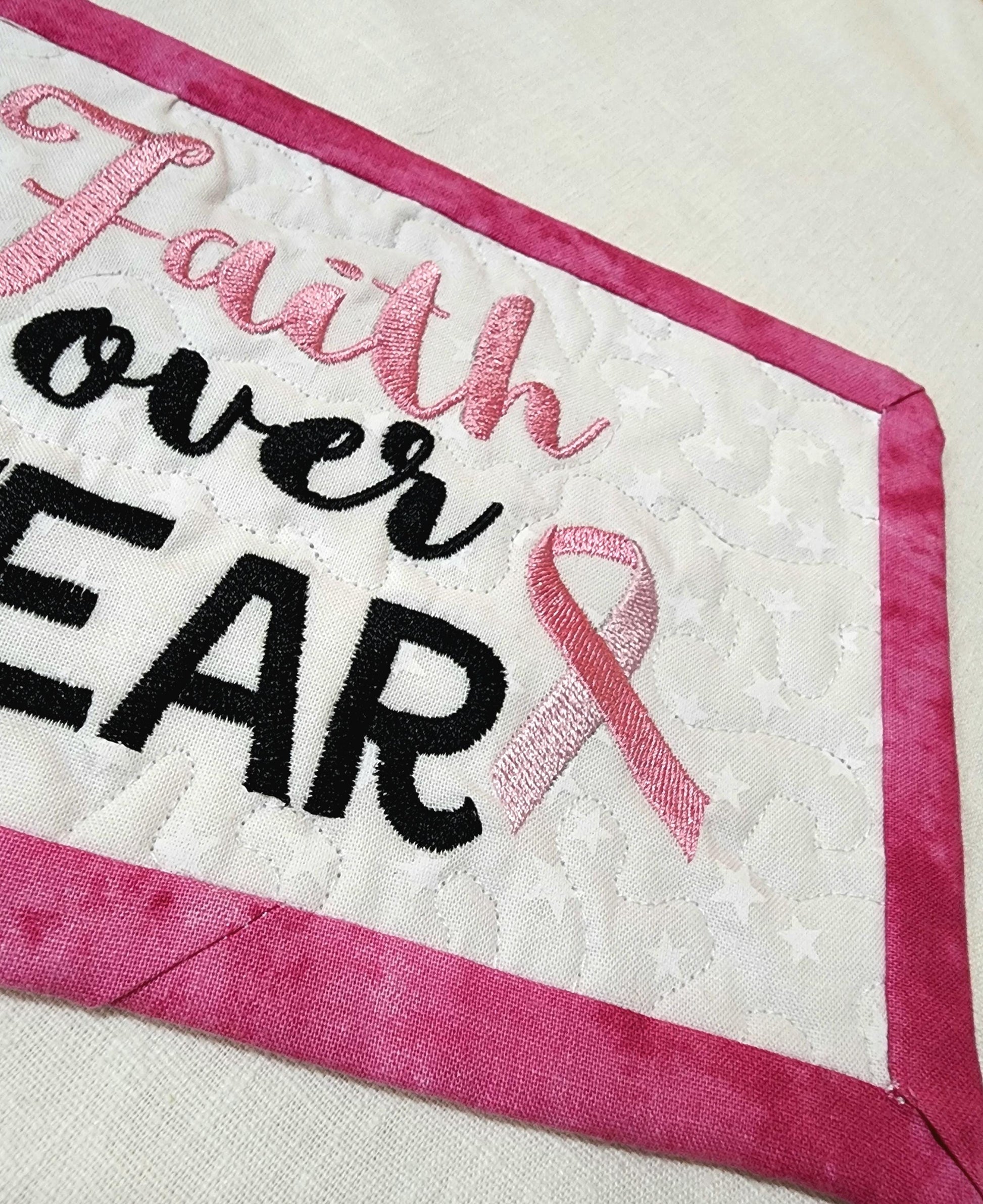 Faith Over Fear Quilted Mug Rug – Breast Cancer Awareness Gift Basket Filler
