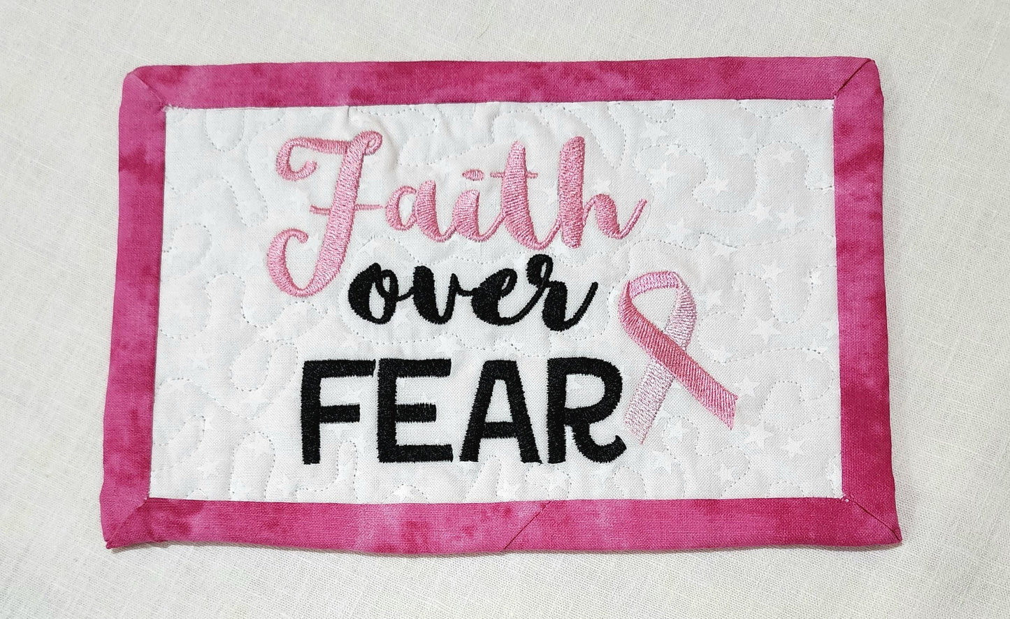Faith Over Fear Quilted Mug Rug – Breast Cancer Awareness Gift Basket Filler