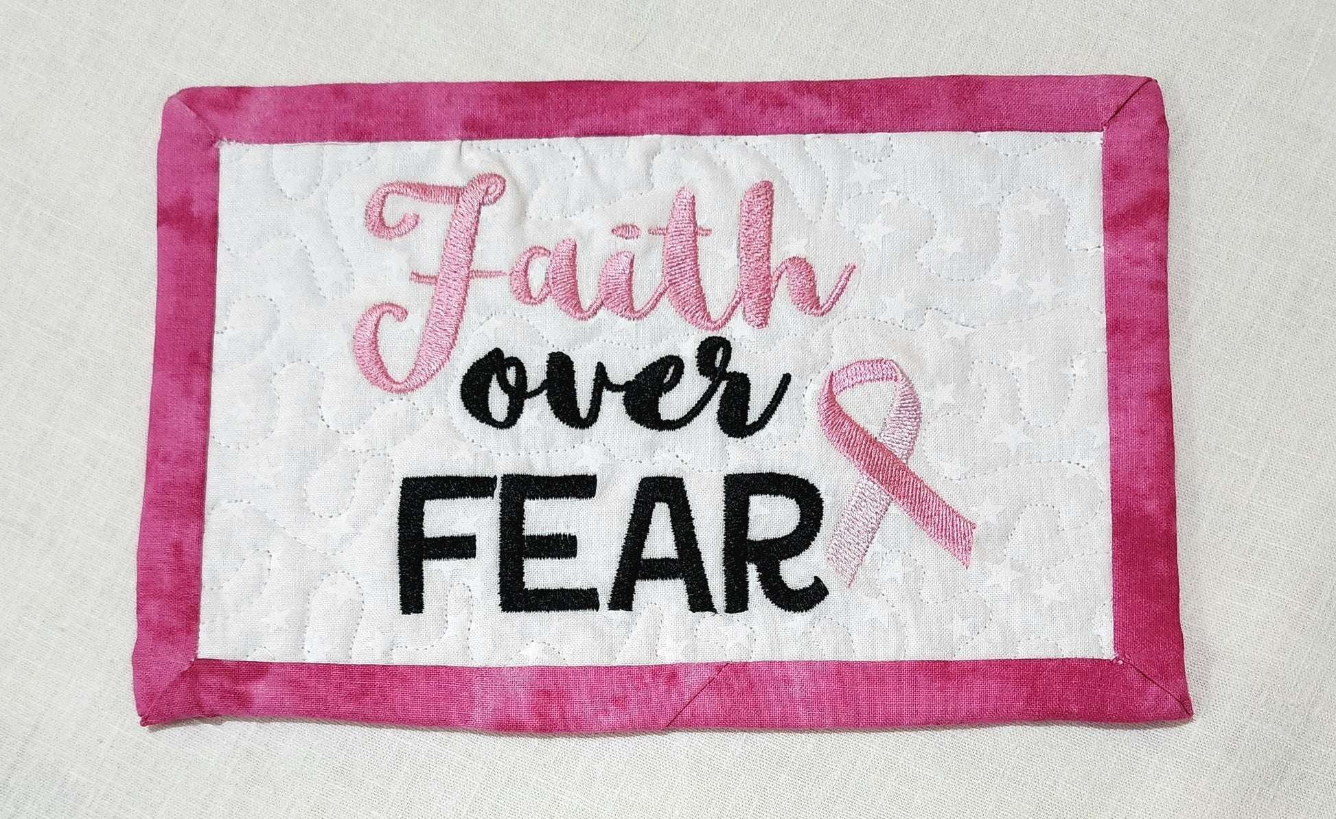 Faith Over Fear Quilted Mug Rug – Breast Cancer Awareness Gift Basket Filler