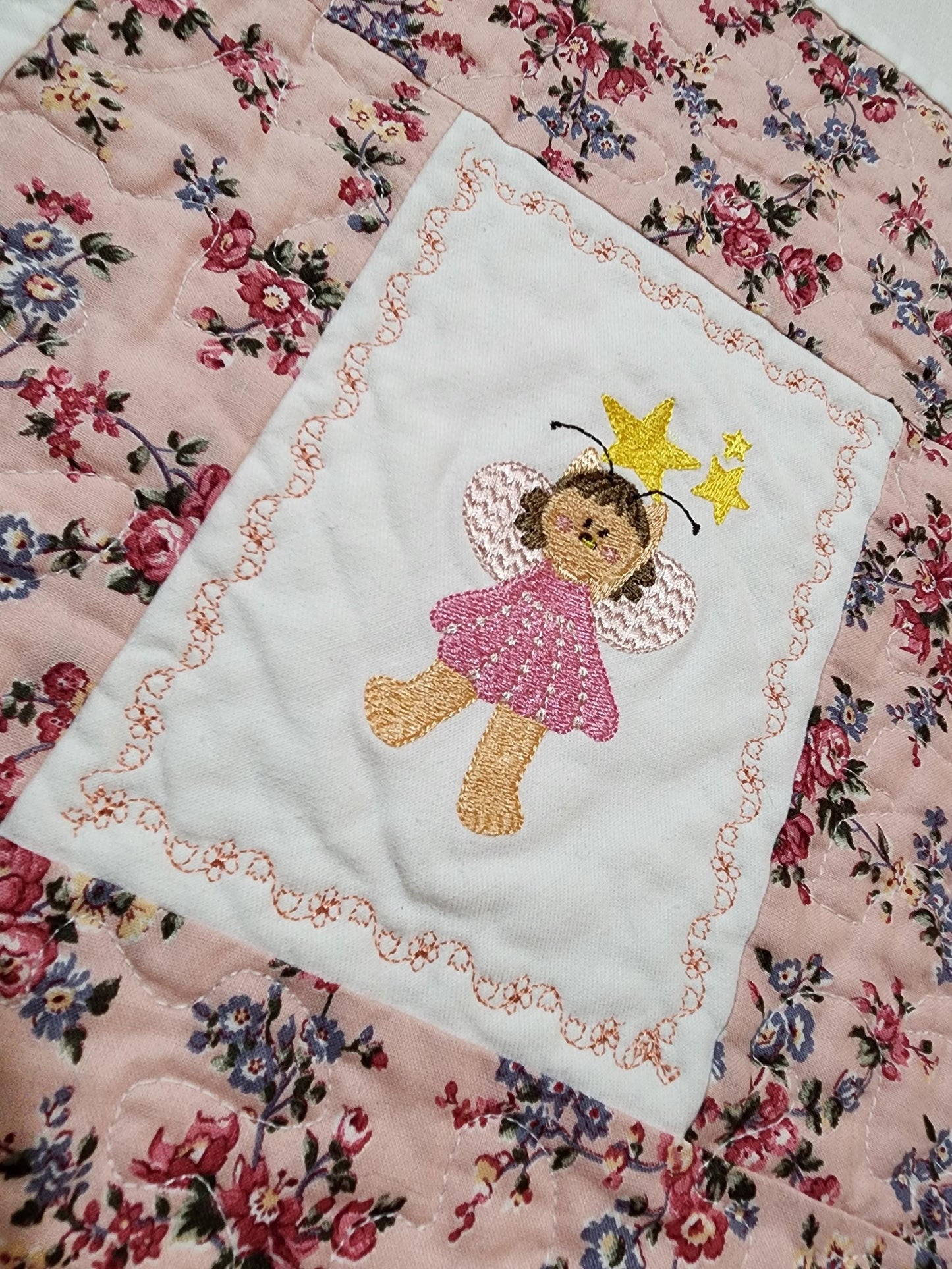 Handmade Mini Doll Quilt – 13.5" x 10" – Floral Patchwork with Embroidered Bear Fairy