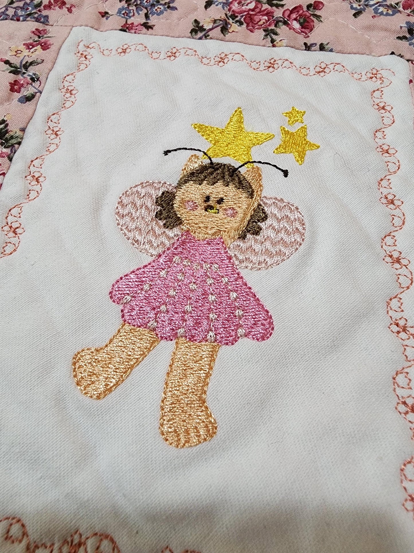 Handmade Mini Doll Quilt – 13.5" x 10" – Floral Patchwork with Embroidered Bear Fairy