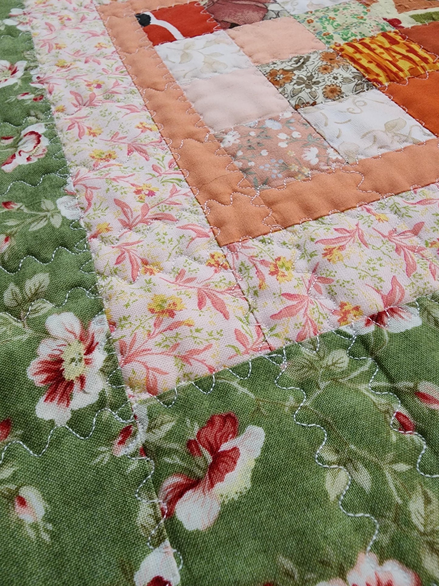 Handmade Quilted Table Topper Reversible Patchwork Floral and Gold Leaf 16" x 19"