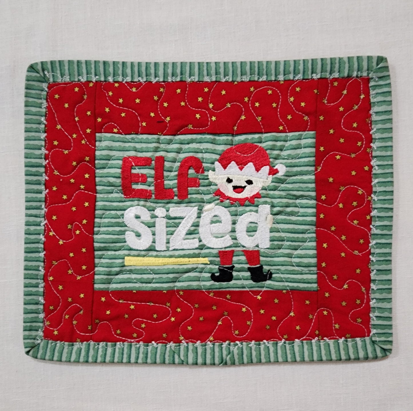 Quilted Mug Rug • “Elf Sized” • Holiday Coffee Mat • Christmas Stocking Stuffer